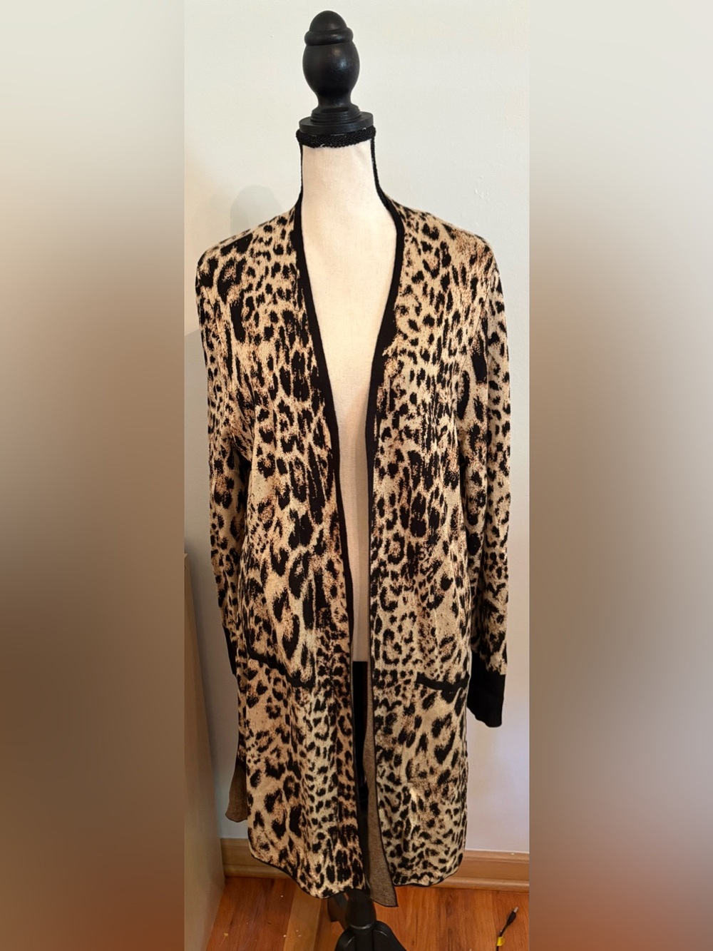 Chico's Long Cardigan Sweater Open Front Leopard Black Brown Tan Size 2/ L